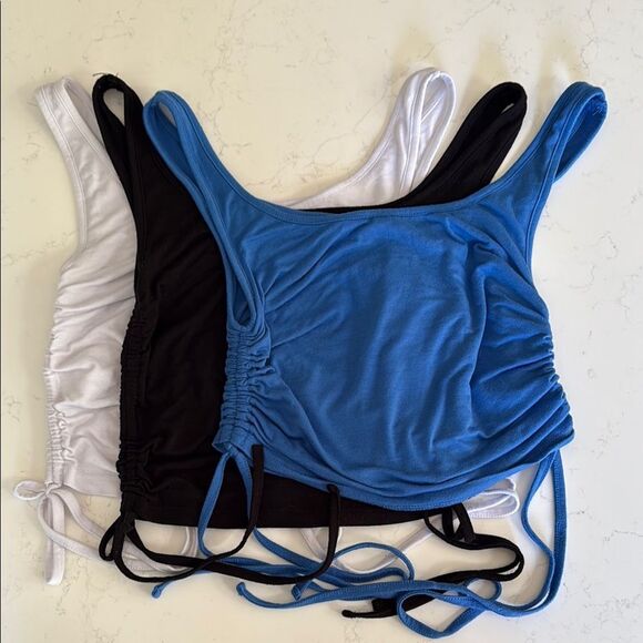 Cotton on Blue, Black, and White Ruched Tank Tops. Size small.  3 tops - Picture 1 of 6